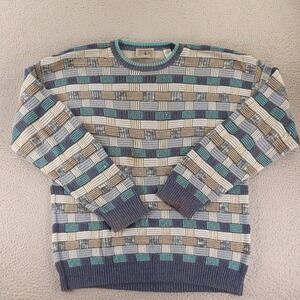 VTG Segreto Sweater Mens XL Blue Geometric Block Knit Silk Made in Italy 3D Knit